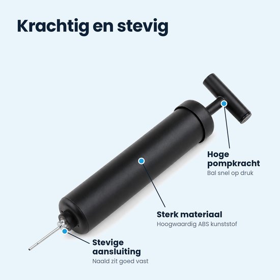 Zwarte pomp met aanduidingen voor materiaal en functies; tekst: Krachtig en stevig, Hoge pompkracht, Sterk materiaal, Stevige aansluiting.