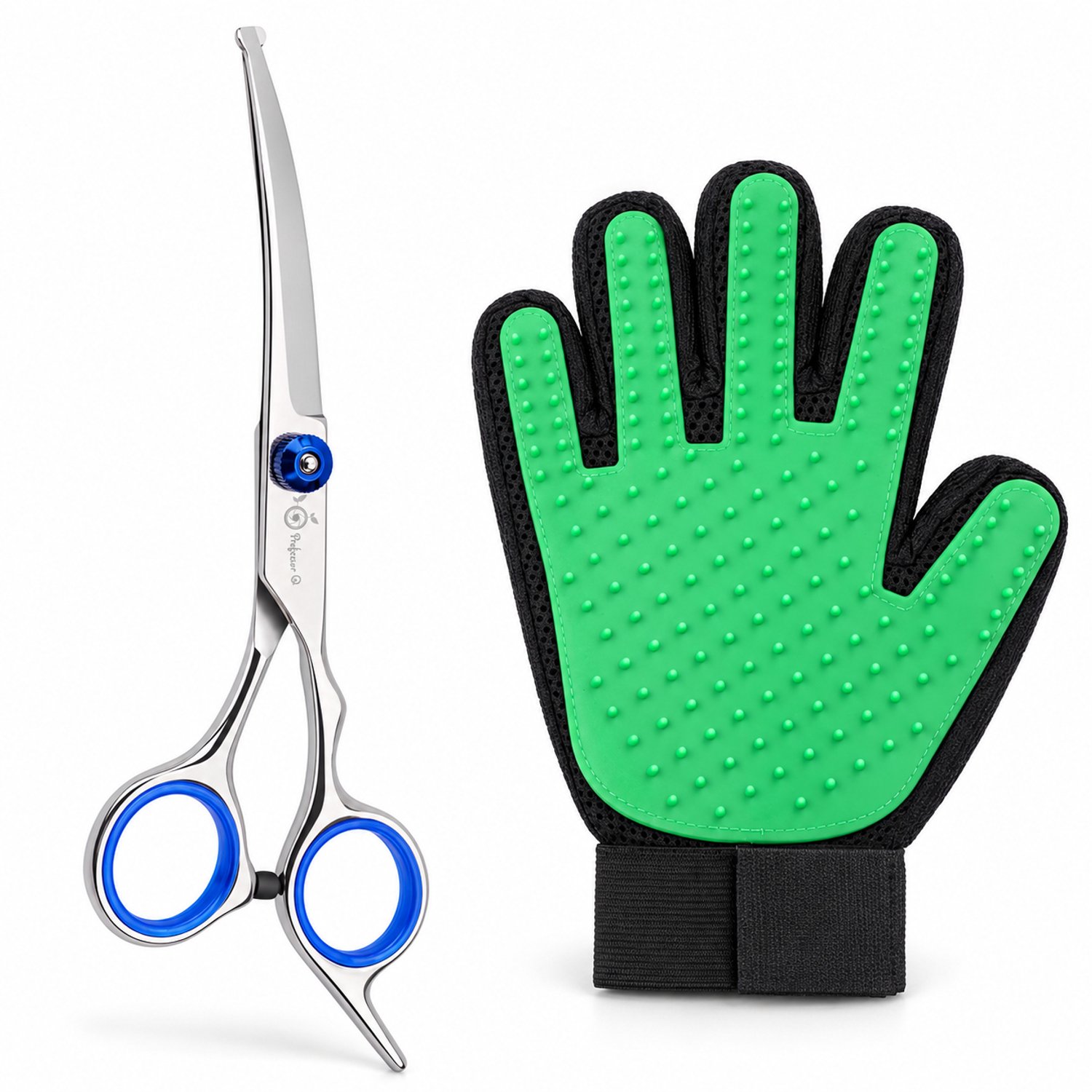 Professor Q Hondentrimset - Gebogen Trimschaar Blauw - Vachthandschoen Groen - 2-delig