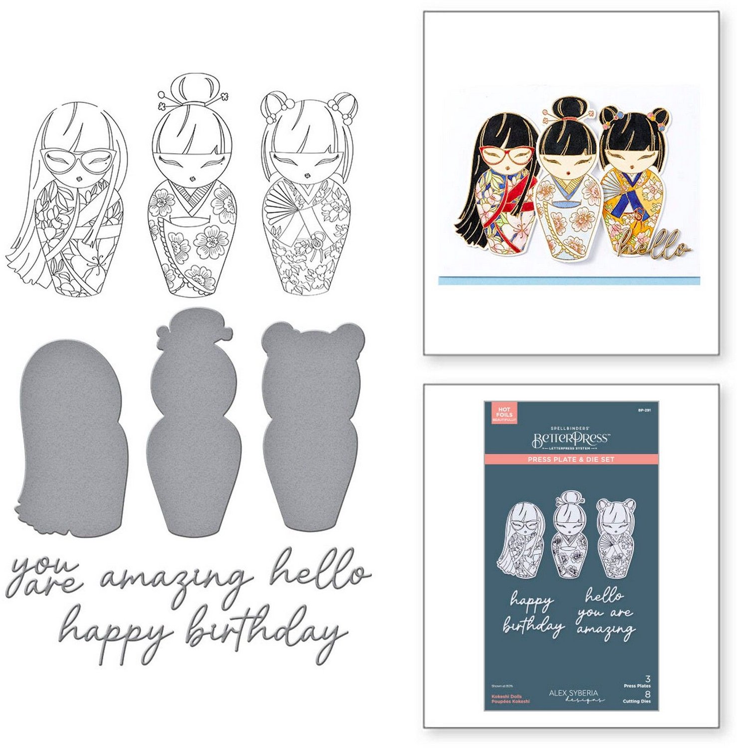 Spellbinders BetterPress Plate & Snijmallen - Kokeshi Dolls - 11 st.