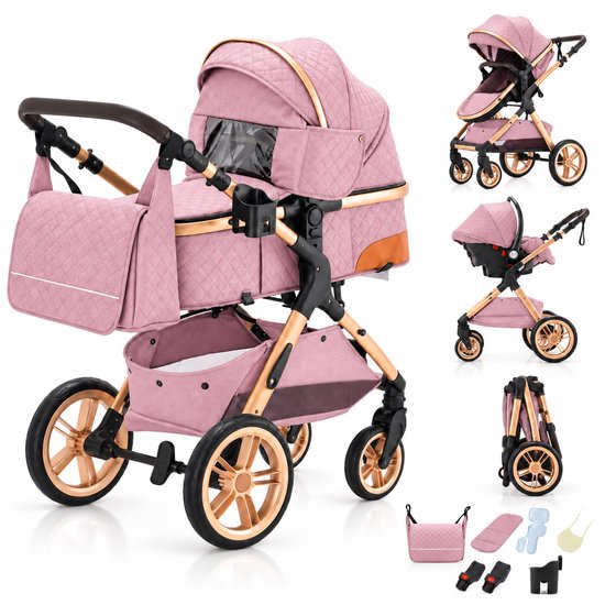 Roze kinderwagen met bijgeleverde accessoires zoals luiertas, regenhoes en bekerhouder.