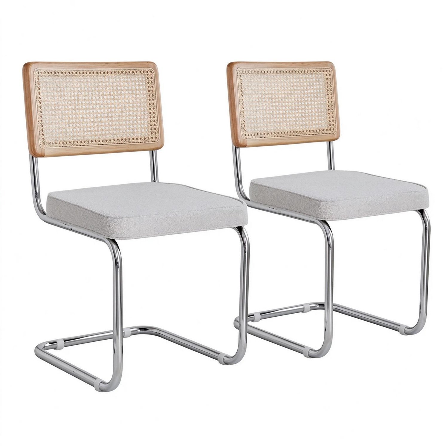 SONNENH Eetkamerstoelen set van 2 - Witte velvet zitting - Naturel rotan rug met houten rand - Metalen sledeframe Wit met naturel houten rugrand en zilverkleurig frame