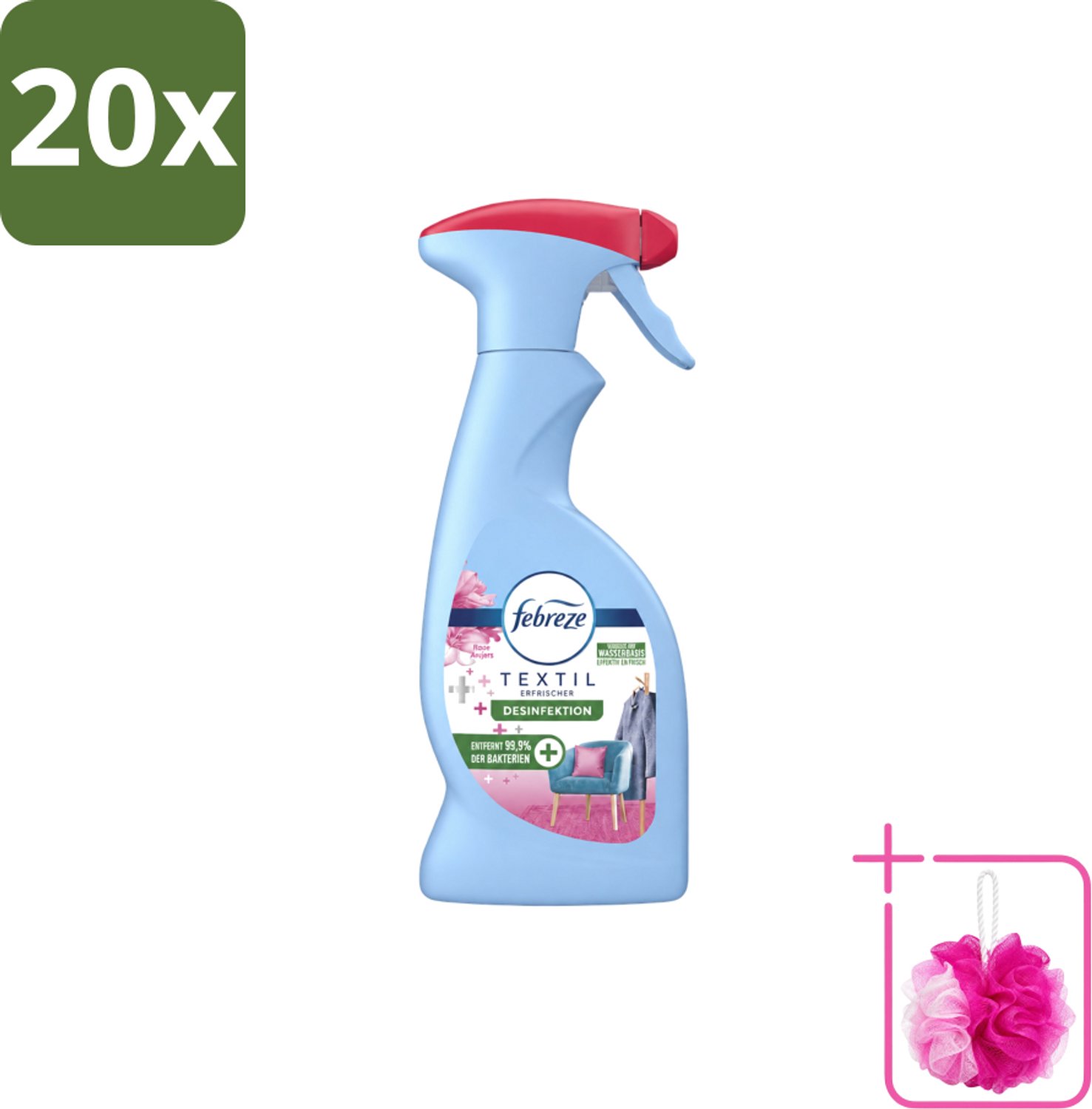 20 x Febreze – Textielspray – Roze Anjers – 375 ml - Bulkverpakking - Textielgeur - Douchemop - Textielverzorging