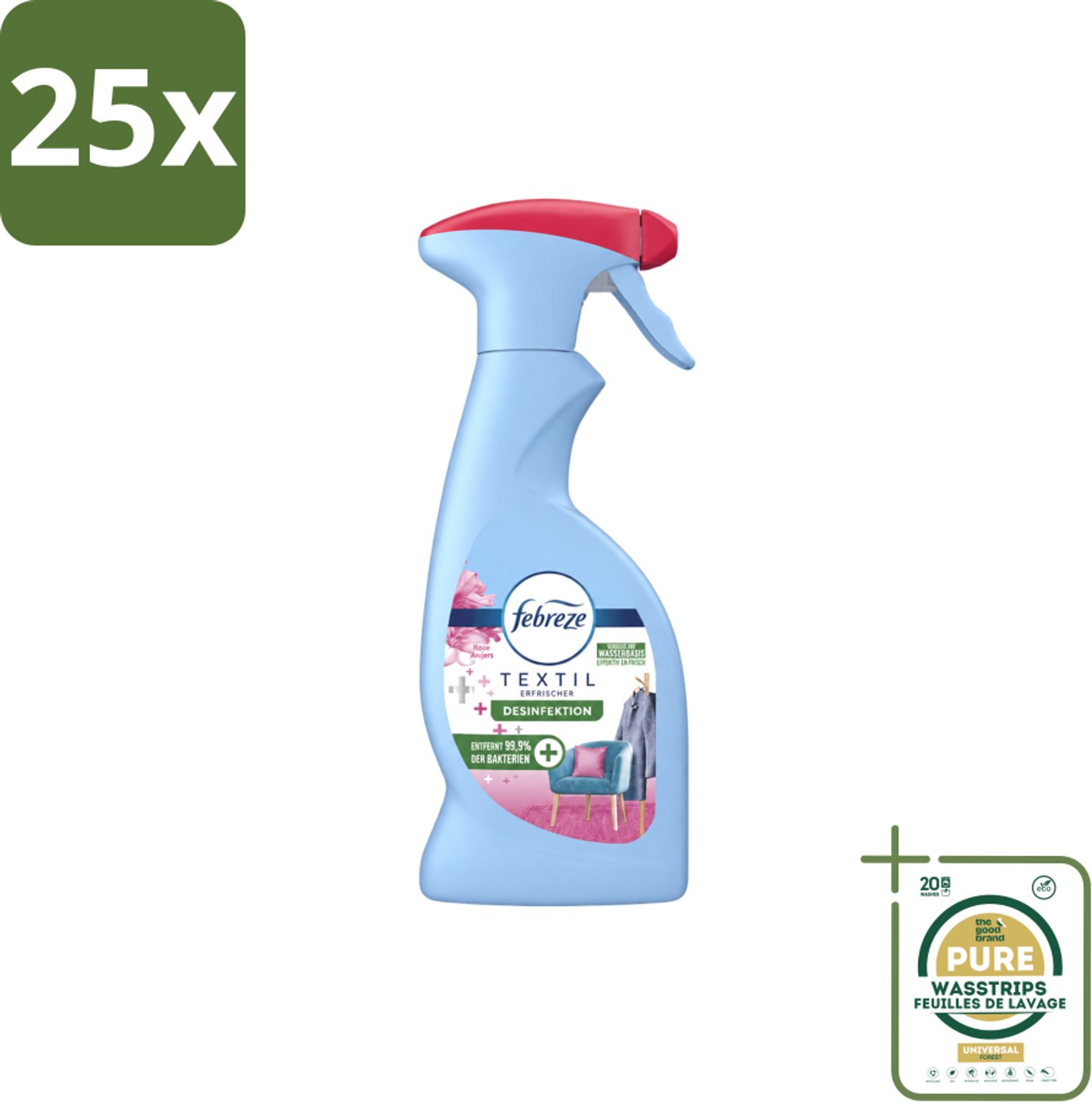 25 x Febreze – Textielspray – Roze Anjers – 375 ml - Wasstrips - Textielgeur - Textielverzorging - Geurverwijdering - Textielspray - Roze Anjers