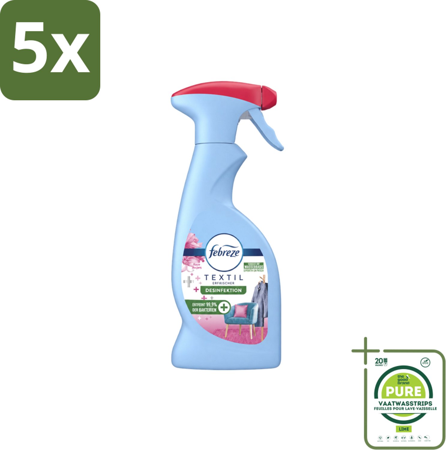 5 x Febreze – Textielspray – Roze Anjers – 375 ml - Grootverpakking - Vaatwasstrips - Textielgeur - Textielverzorging - Geurverwijdering - Textielspray - Roze Anjers