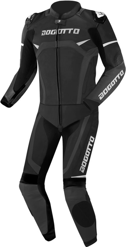 Zwart Bogotto motorpak met grijze accenten en logo op borst en armen.