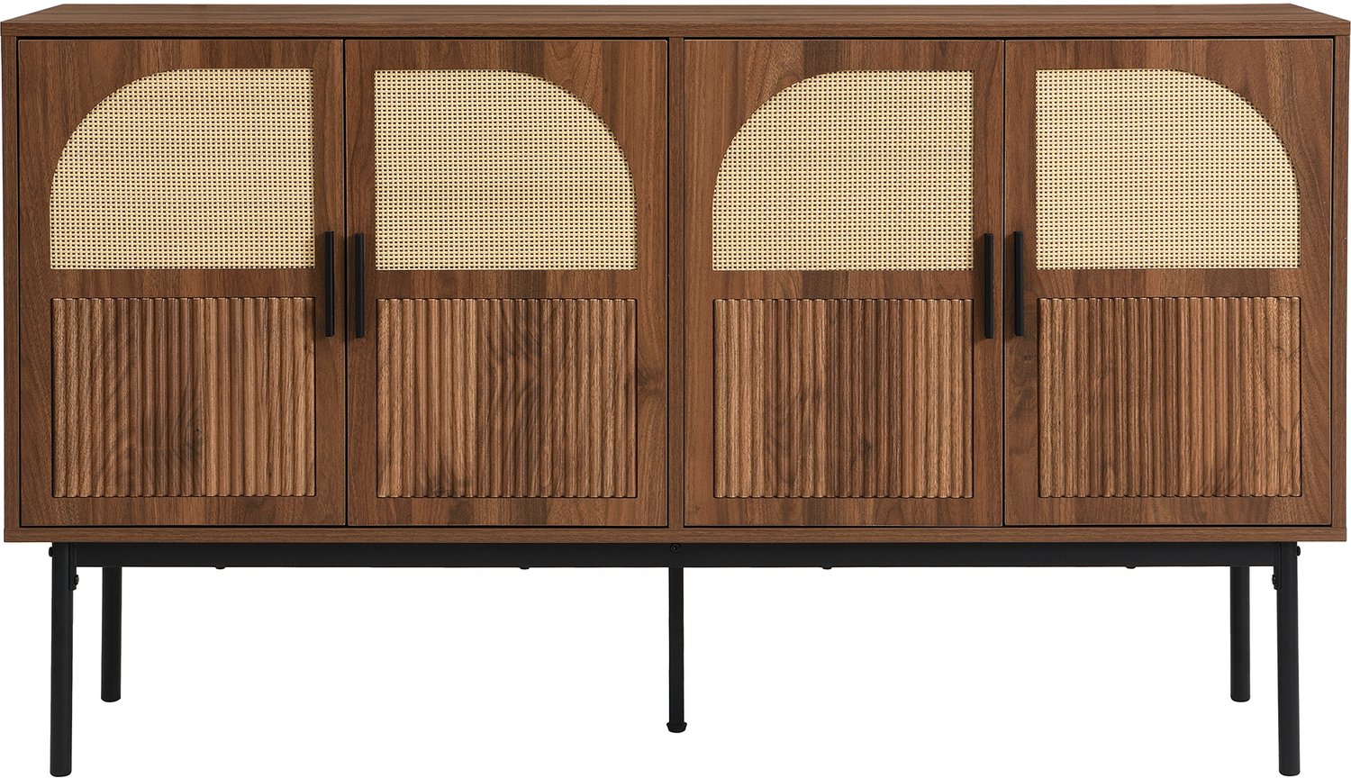 SONNENH Dressoir met 4 rotanlook deuren, binnenplanken en stalen voeten - Walnootlook - 140 x 40 x 80 cm