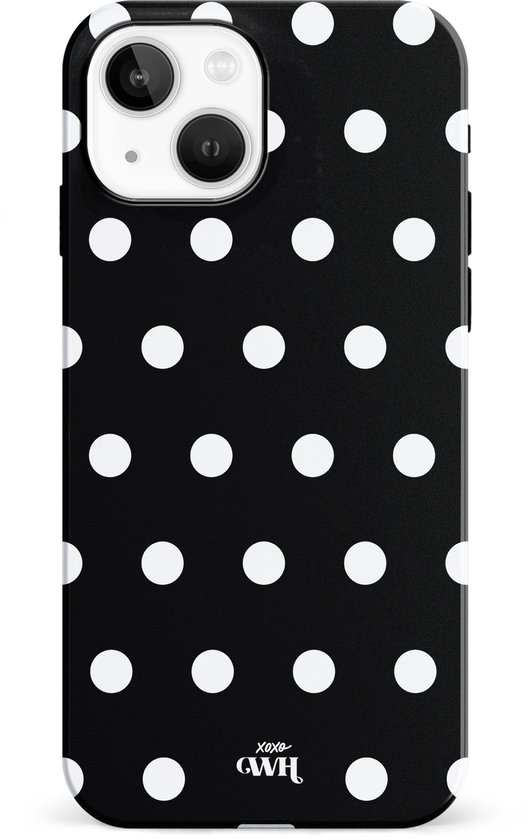 iPhone-hoesje met zwart-wit stippenpatroon en 'xoxo GWH'-logo onderaan.