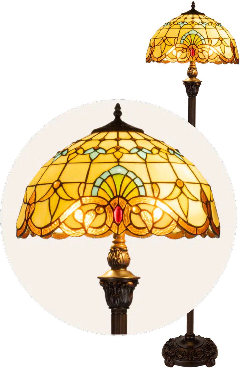 Tiffany vloerlamp Art Nouveau - Crème-amber - Ø 40 × H 165 cm - Staande lamp - Glas in lood - Warm licht | RORUVERA