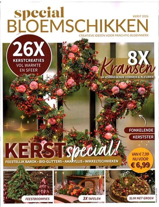 Tijdschriftcover Special Bloemschikken Kerst 2026 met ster-vormige kerstkrans, dennentakken, rode bessen en verlichting.