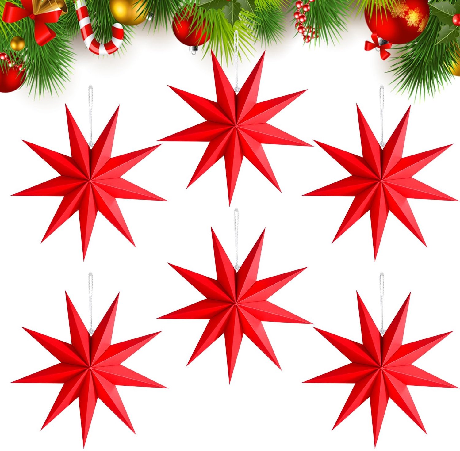 Famanu Set van zes papieren kerststerren 30 cm met negen punten Rood