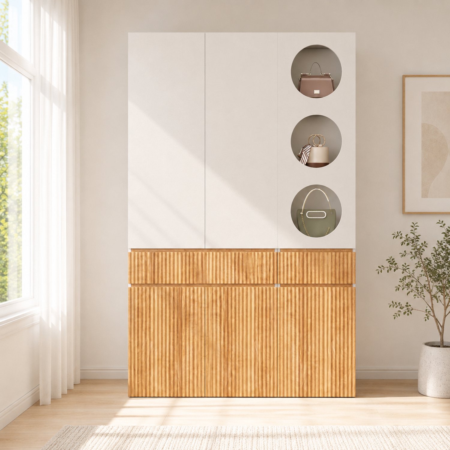 Clruro Kledingkast - 135×50×200 cm - 6 Deuren - 2 Laden - MDF/Spaanplaat - Licht Eiken/Grijs Naturel
