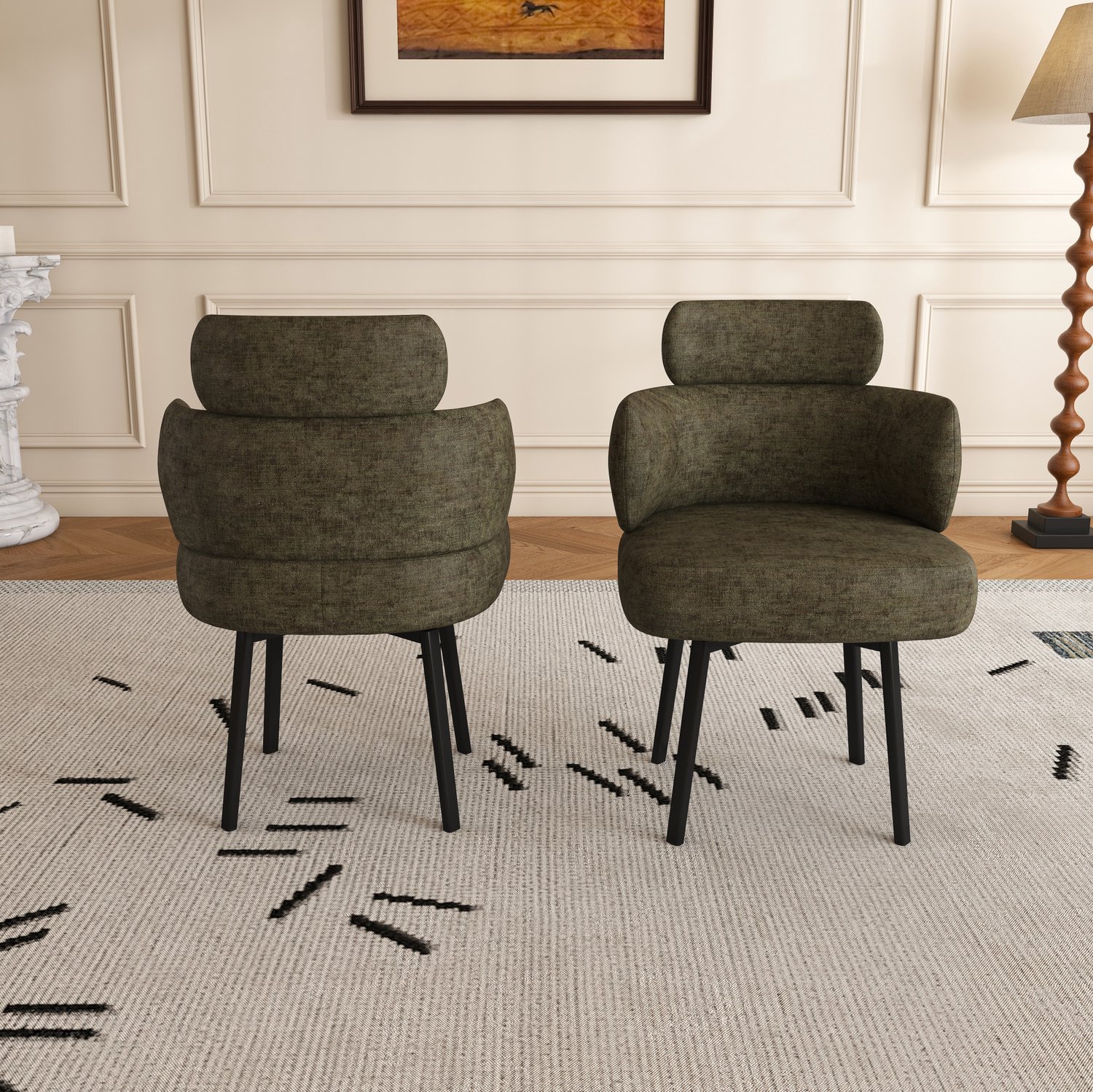 DESMIU Eetkamerstoel 89 cm - 360 Graden Draaibaar Met Armleuningen En Chenille - Voor Eetkamer Woonkamer En Kaptafel - Metaal Olijfgroen