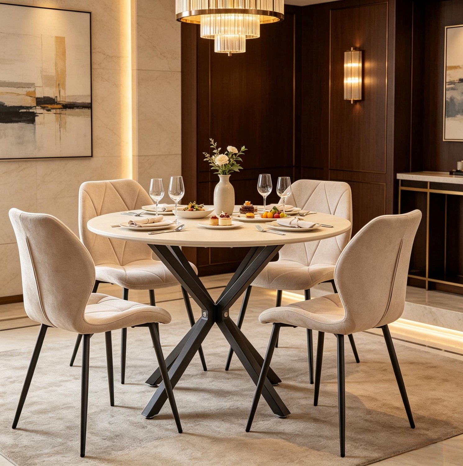 MODENUIT Eetkamerstoelen - Set Van 4 Met Diamantstiksel - Eetkamer - Stof En Metaal - Beige - 41x48x84 Cm