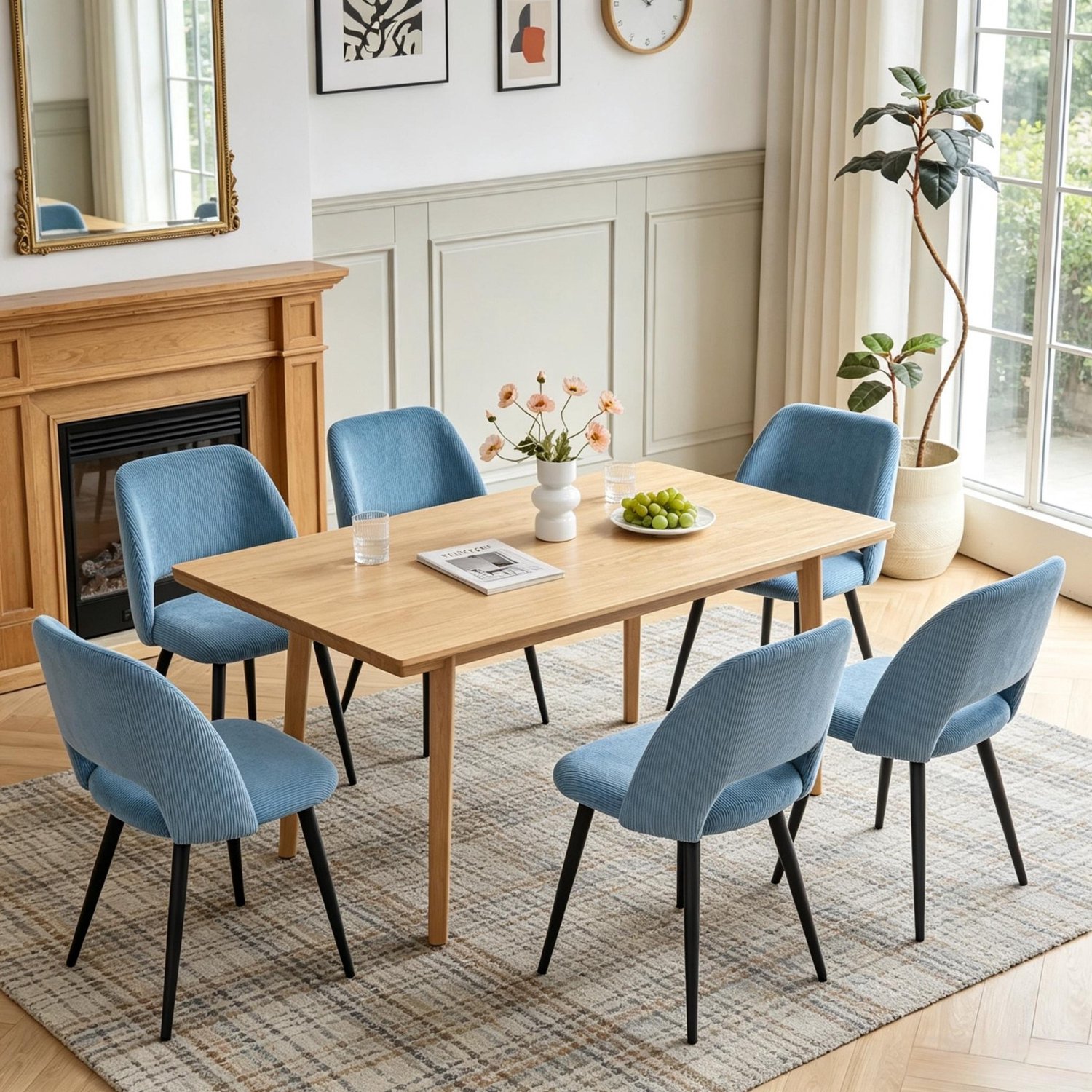 MODENUIT Eetkamerstoel - Set Van 6 Met Ribstof - Voor Eetkamer - Metaal - Blauw - 48x45x80,5 Cm