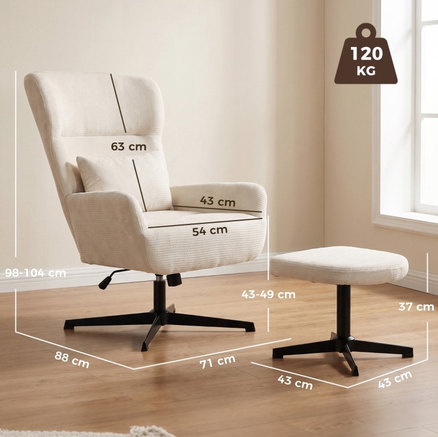 DESMIU Fauteuil 88 x 71 x 98 Tot 104 Cm - Draaibaar En In Hoogte Verstelbaar - Met Hocker En Lendenkussen - Voor Woonkamer - Chenille Crème