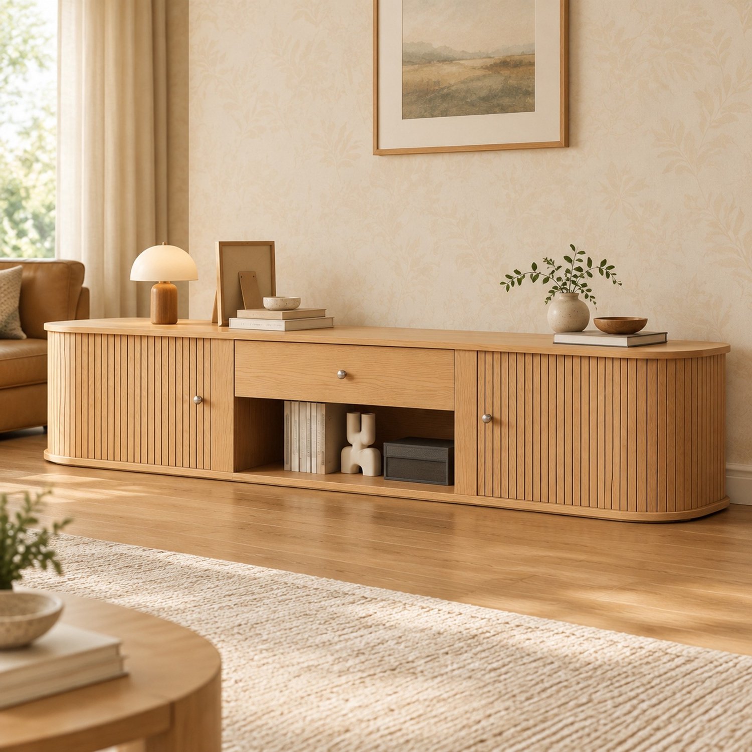 CHICFURN TV-meubel 180 cm - TV tot 75 inch - 2 roldeuren - houtkleur Naturel