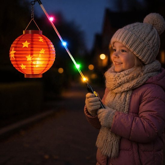 Cepewa Lampionstokje - 10x - met 4 LED lichtjes - excl. batterijen - 50 cm - zwart — afbeelding 2