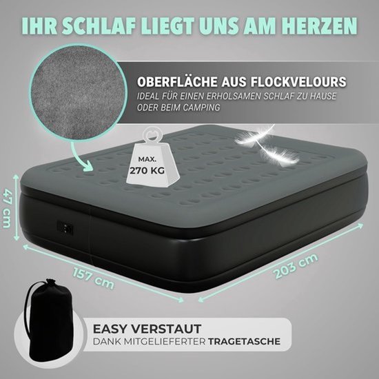 Opblaasbaar bed met ingebouwde pomp - Luchtbed voor logés - Slaapcomfort - Blaast zichzelf op - 200 x 160 cm - Grijs — afbeelding 2