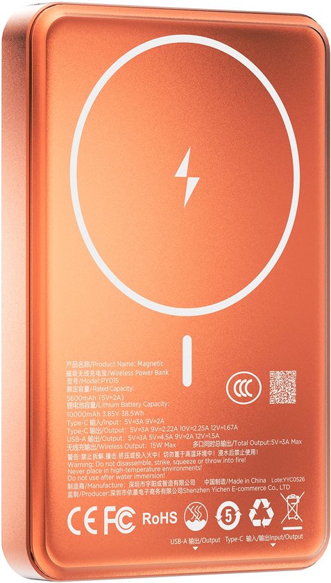 Oranje magnetische powerbank met draadloos oplaadicoon en technische specificaties op de achterzijde.