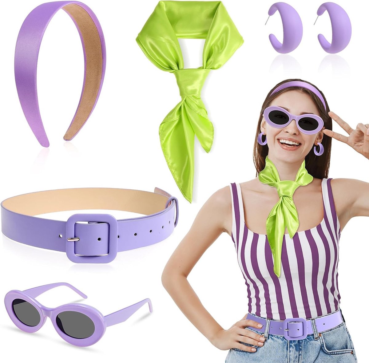 Hippie Kostuum Accessoires voor Vrouwen met Paarse Haarband, Groene Sjaal en Hippie Bril voor Halloween en Feestjes
