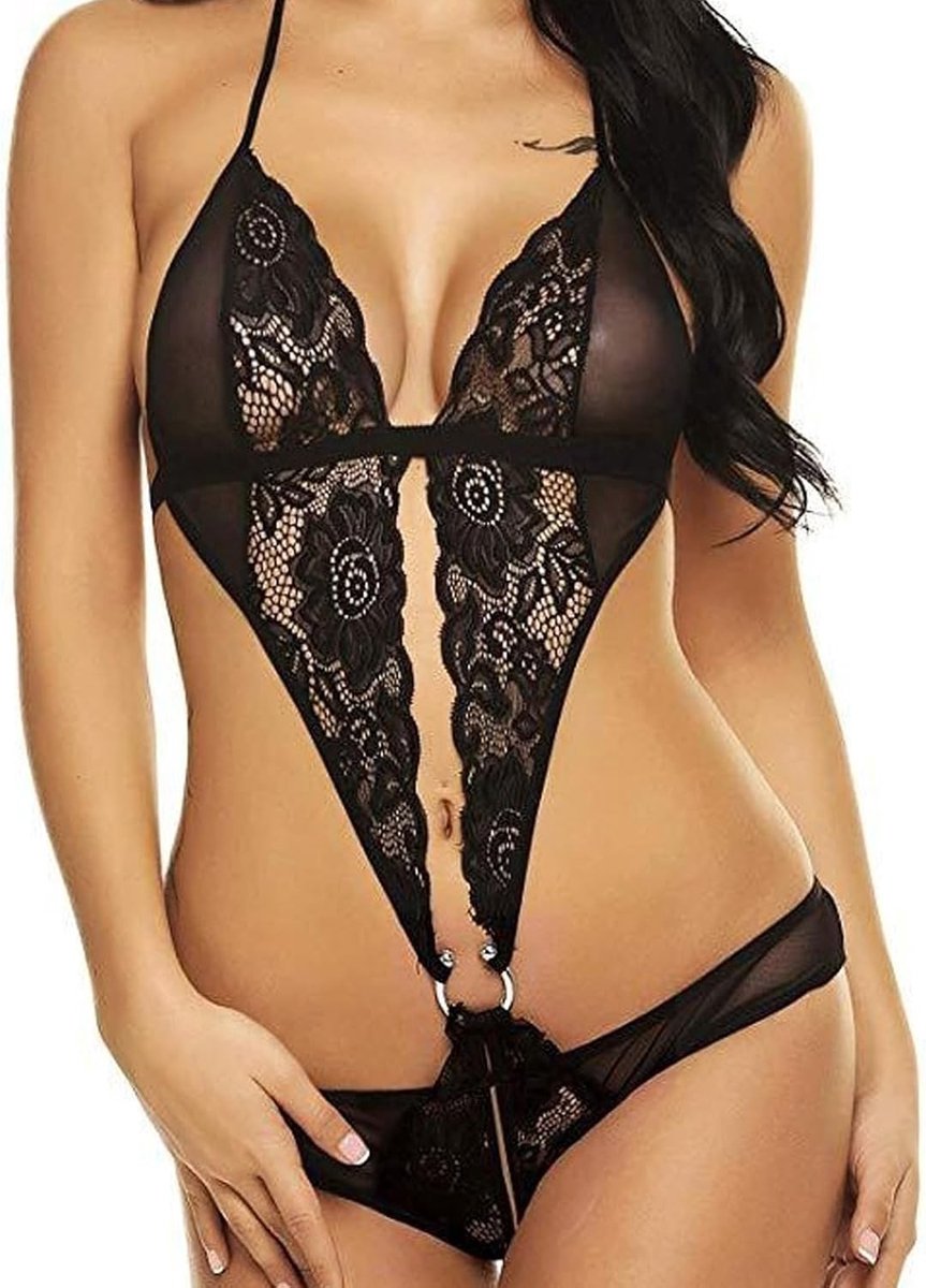Verleidelijke Dames Lingerie Bodysuit met Open Kruis, Kant en Diepe V-hals voor Erotische Nachtkleding en Comfortabel Ondergoed