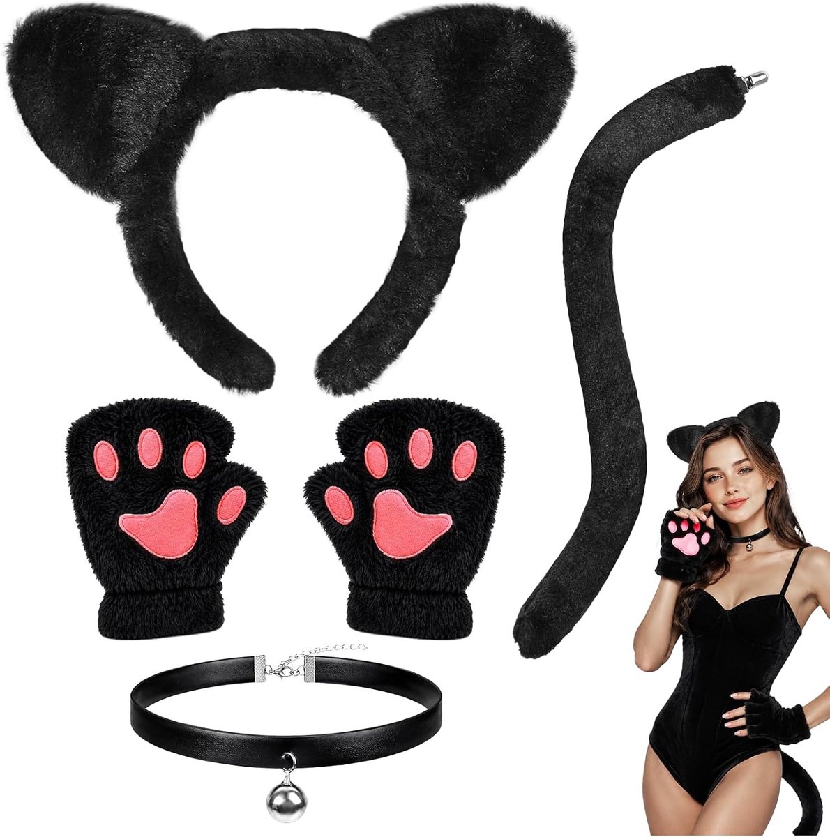 Dameskostuum met kattenoren, haarband, halsketting, pootjes en staart voor Halloween en carnaval, ideaal voor cosplay en verkleedfeesten