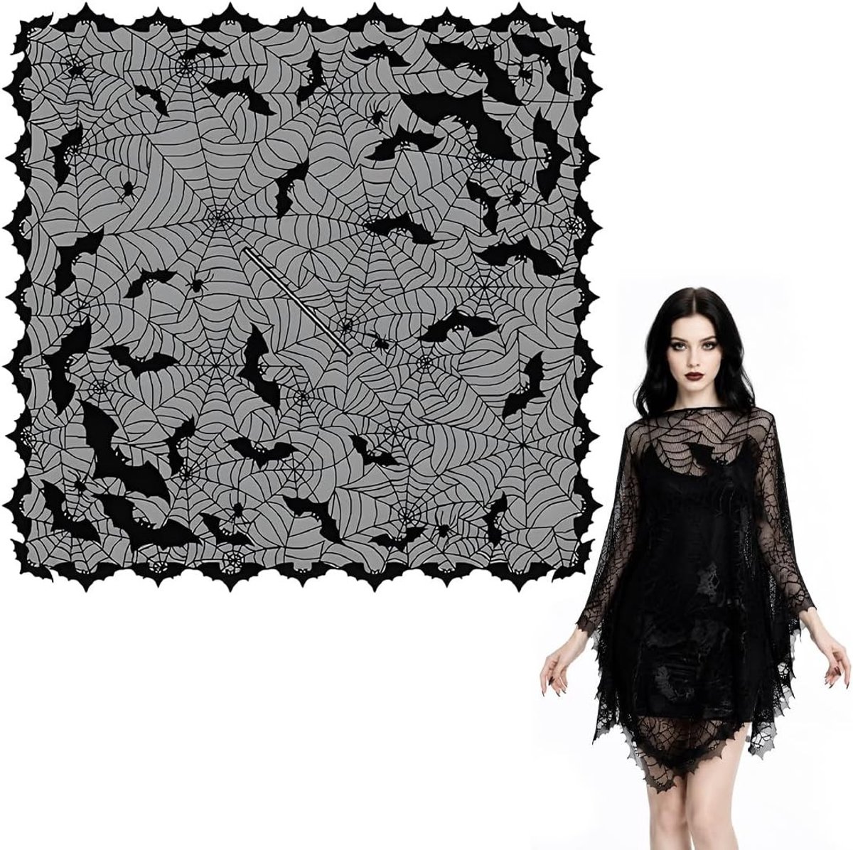 Vleermuiscape voor dames, spinnennet ontwerp, kant, Halloween-kostuum, feestkleding en cosplay accessoires
