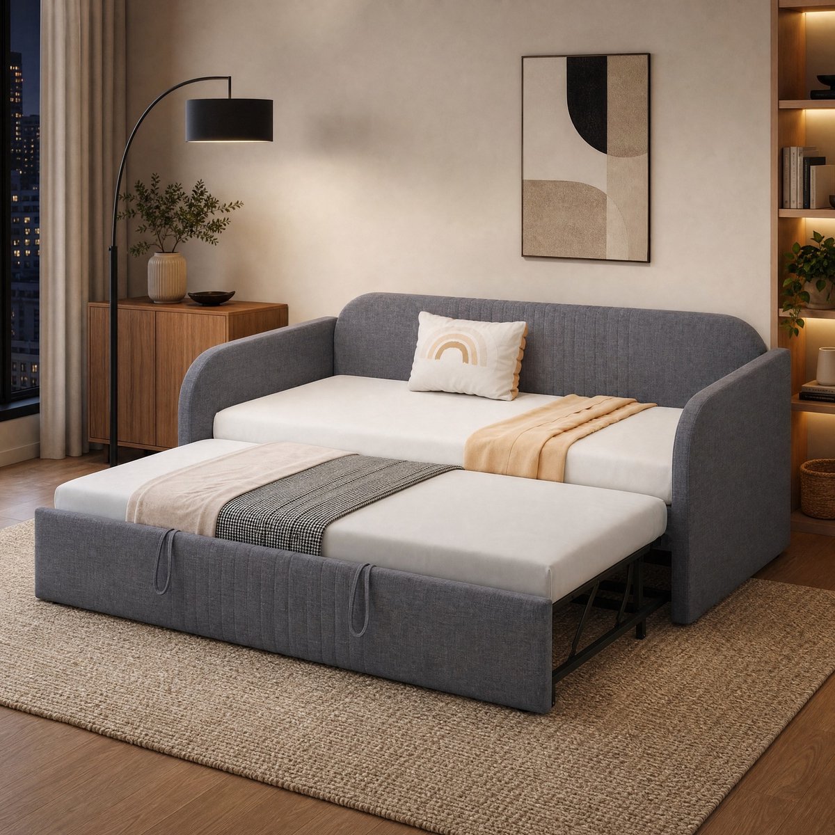COVREO Slaapbank met uitschuifbed – 90x190 cm – Bedbank met lattenbodem – 2-in-1 voor logeerkamer – Grijs - zonder matras