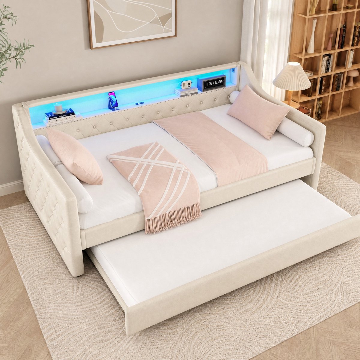 COVREO Bedbank met uitschuifbed – 90x200 cm – Slaapbank met LED en USB – Daybed van stof en MDF – Beige - zonder matras