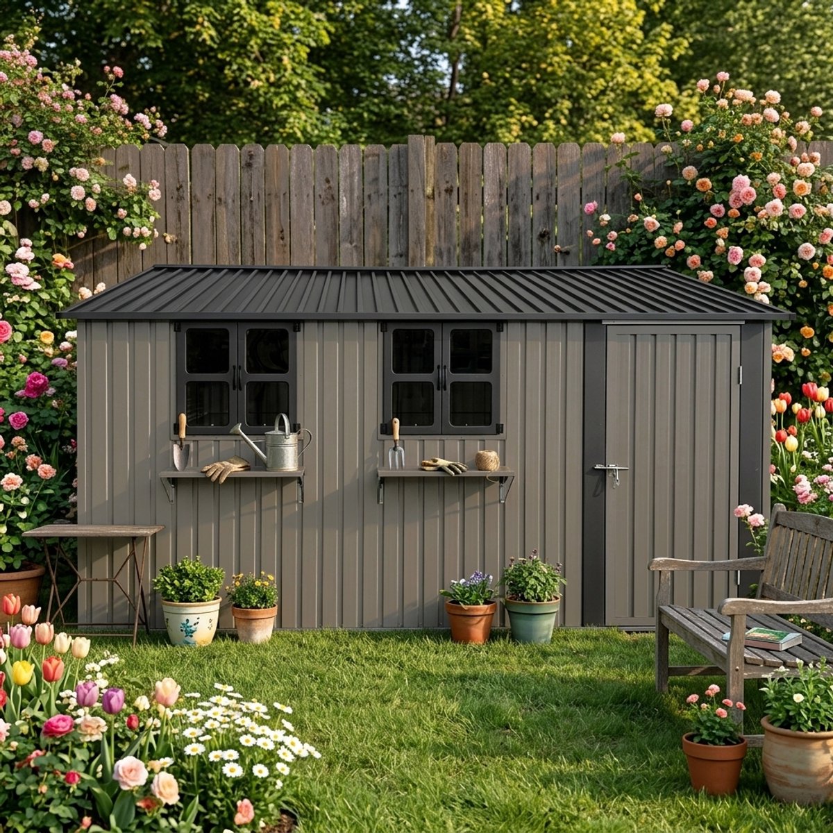 Verzinkt stalen tuinhuis 359,4x284,2 cm (10,21 m²) bruin - 3 openslaande ramen - Afsluitbare dubbele deuren - Bloemenrek - Waterdicht en weerbestendig - Verzinkt staal