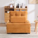 Oranje corduroy slaapfauteuil dichtgeklapt, met twee kussens, waarvan één wigvormig.