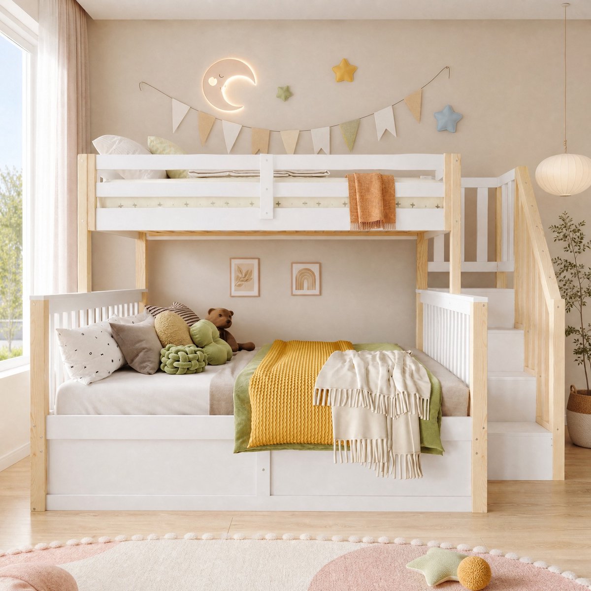 COVREO Stapelbed met opbergladder – 253x146,5x150 cm – Kinderbed van hout – opbergruimte en veiligheidshek – Wit naturel - zonder matras Wit + naturel