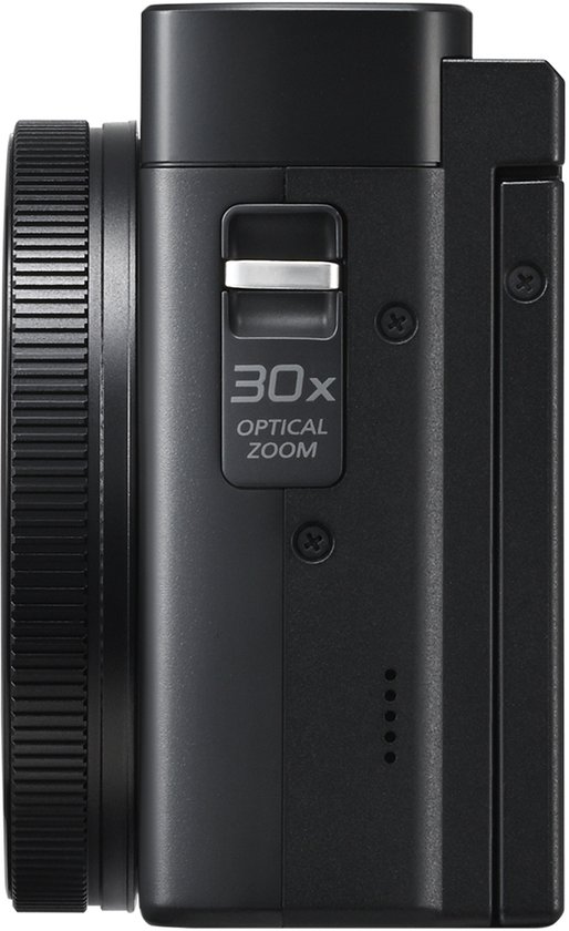 Zijkant van een zwarte Panasonic Lumix compactcamera met 30x optische zoom-markering.