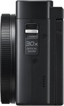 Zijkant van een zwarte Panasonic Lumix compactcamera met 30x optische zoom-markering.