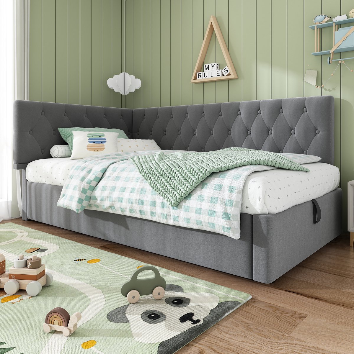 COVREO Bedbank met opbergruimte – 90x190 cm – Daybed met L-hoofdbord – Eenpersoons kinderbed – Grijs - zonder matras