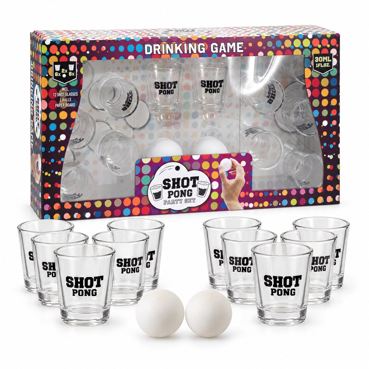 Benza - Shot Pong Drankspel - 14-delige Partyset - 12 Shotglaasjes en 2 Pingpongballen - 30 ml