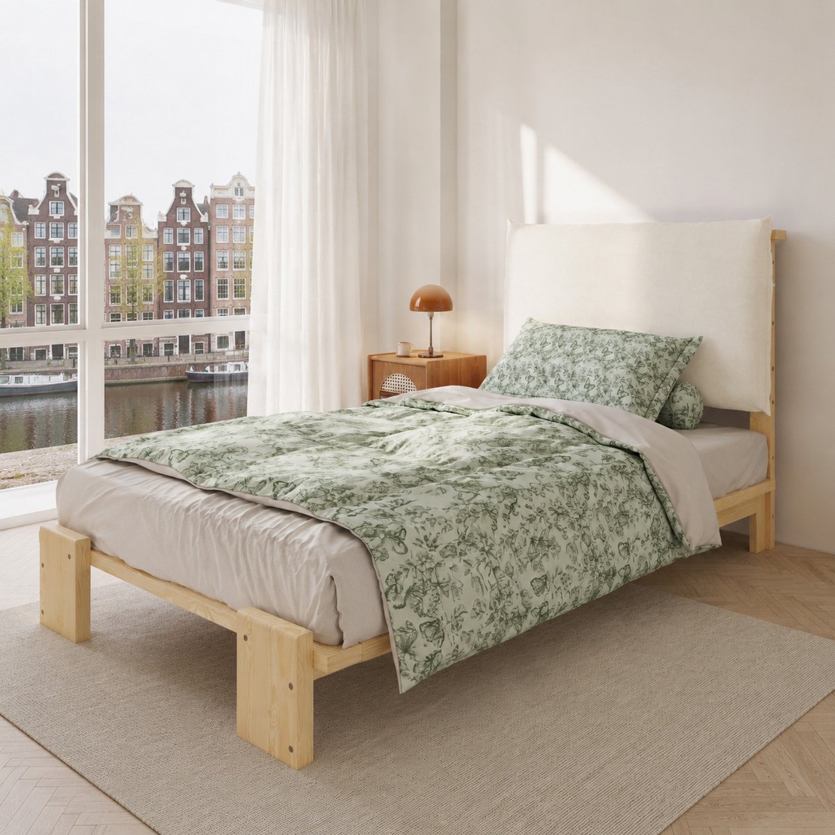 WUVRIE Polsterbett 90x200cm - Gepolstereerde hoofdeinde met Klettverschluss - Normaal bed - Hout - Natuurlijk Natural