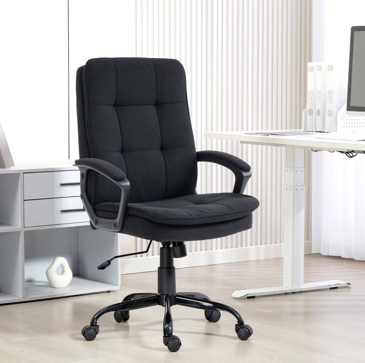 REDOM - Bureaustoel - 12 cm dikke dubbellagige zitting en rugleuning - Verstelbare zithoogte en wippfunctie - Met armleuningen - Voor kantoor - Linnen - Zwart - 102-112 x 63 x 70 cm