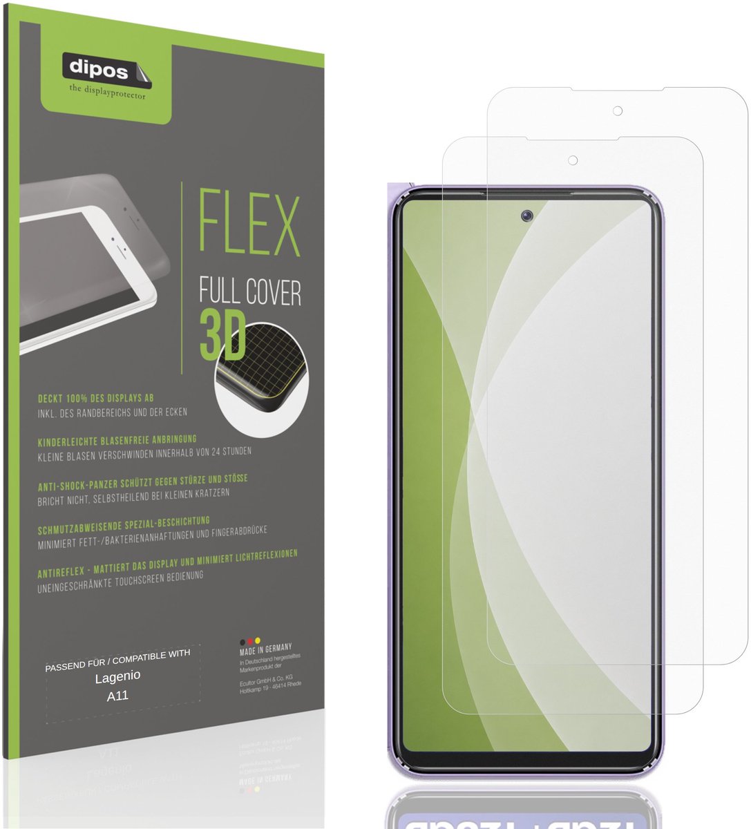 dipos FLEX – 2x Matte Screenprotector geschikt voor Lagenio A11 | Volledige Schermbescherming | Case-Friendly
