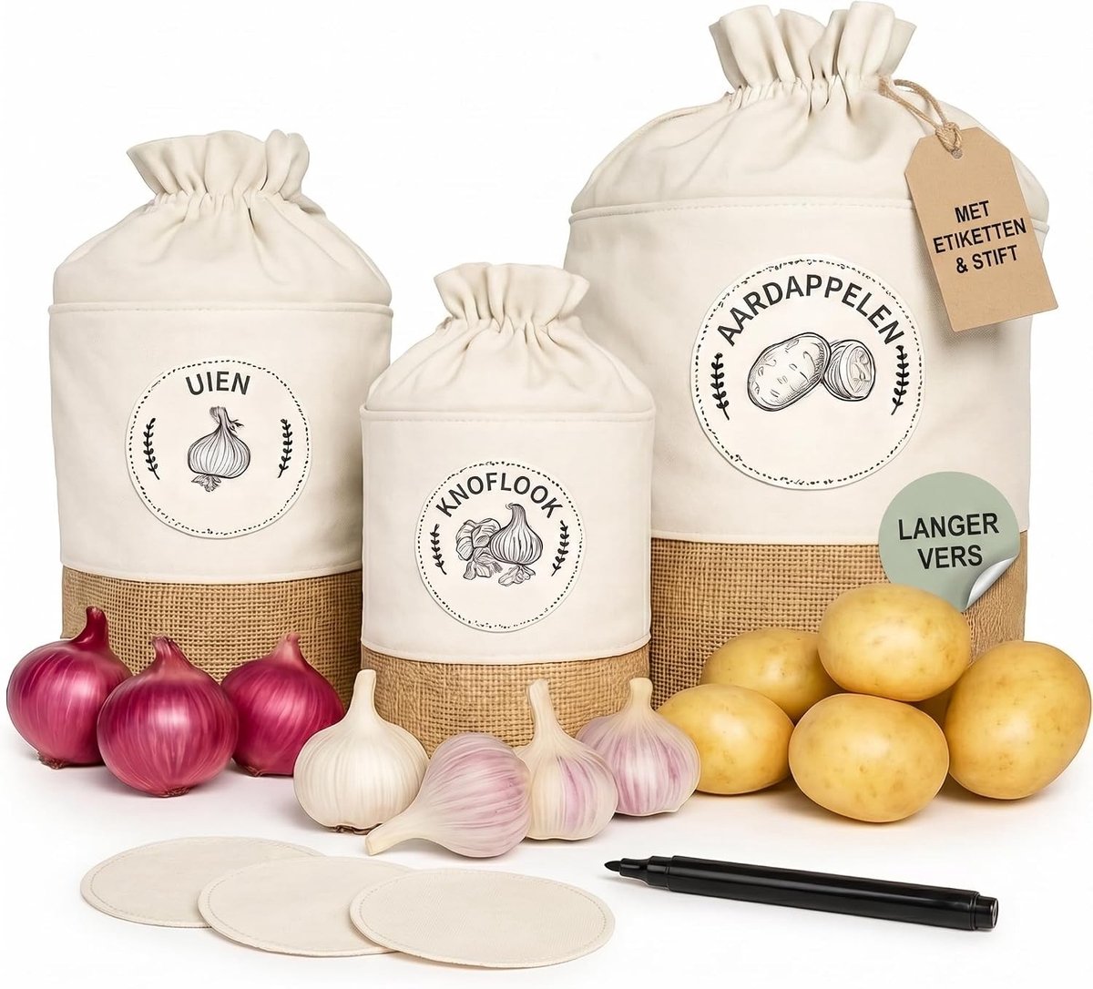Bewaarzakken Set van 3 - Jute - - Voor Aardappelen, Uien en Knoflook