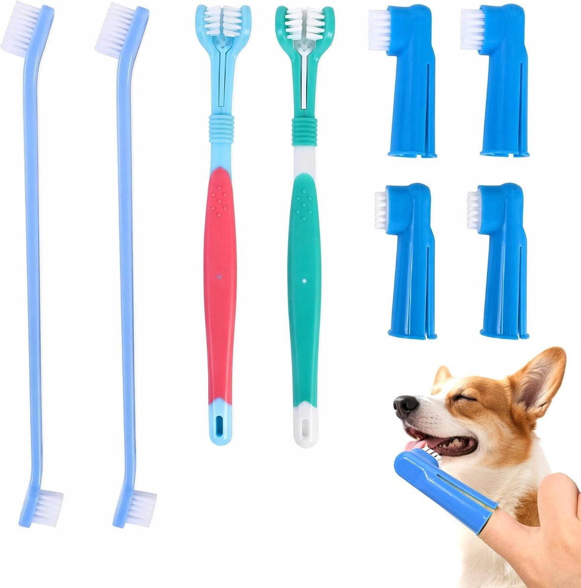 Tandenborstelset voor honden en katten - Drievoudige en dubbele kop, vingerborstels voor optimale tandverzorging van huisdieren