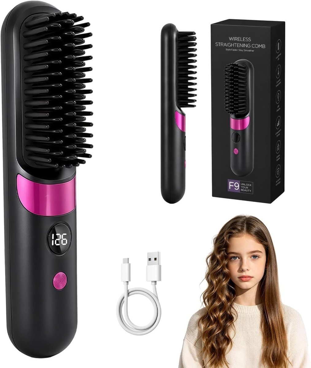 Draadloze Haarborstel - Zwart - Mini Formaat - Keramische Stijltang - Voor Dames