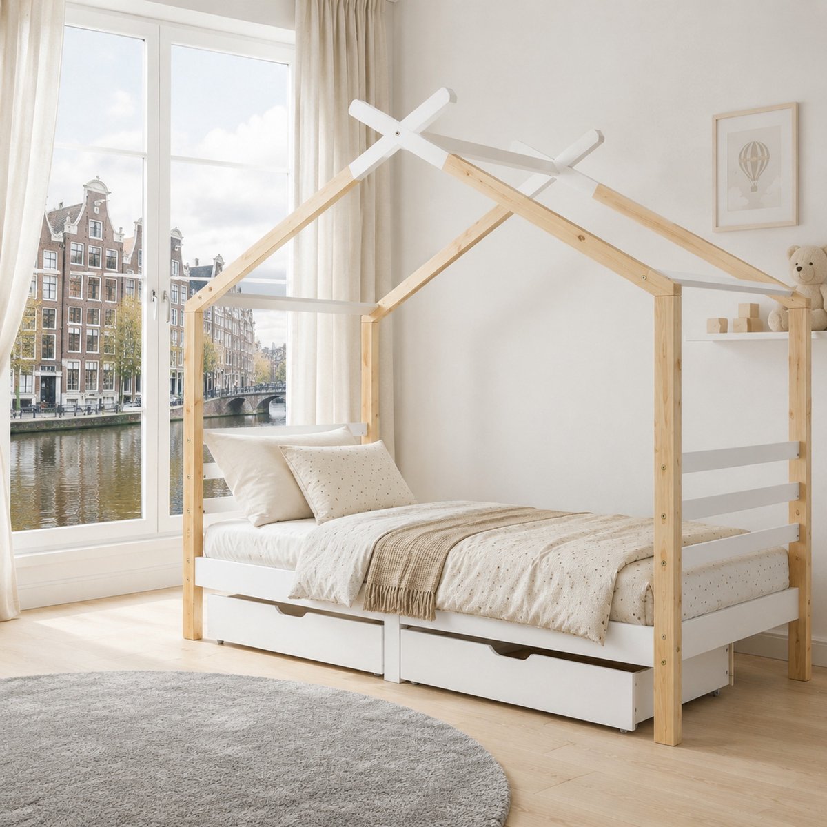 Kinderbedhuis met Schubladen - Huisbed met Lattenrost, 90x200 cm, Wit & Hout