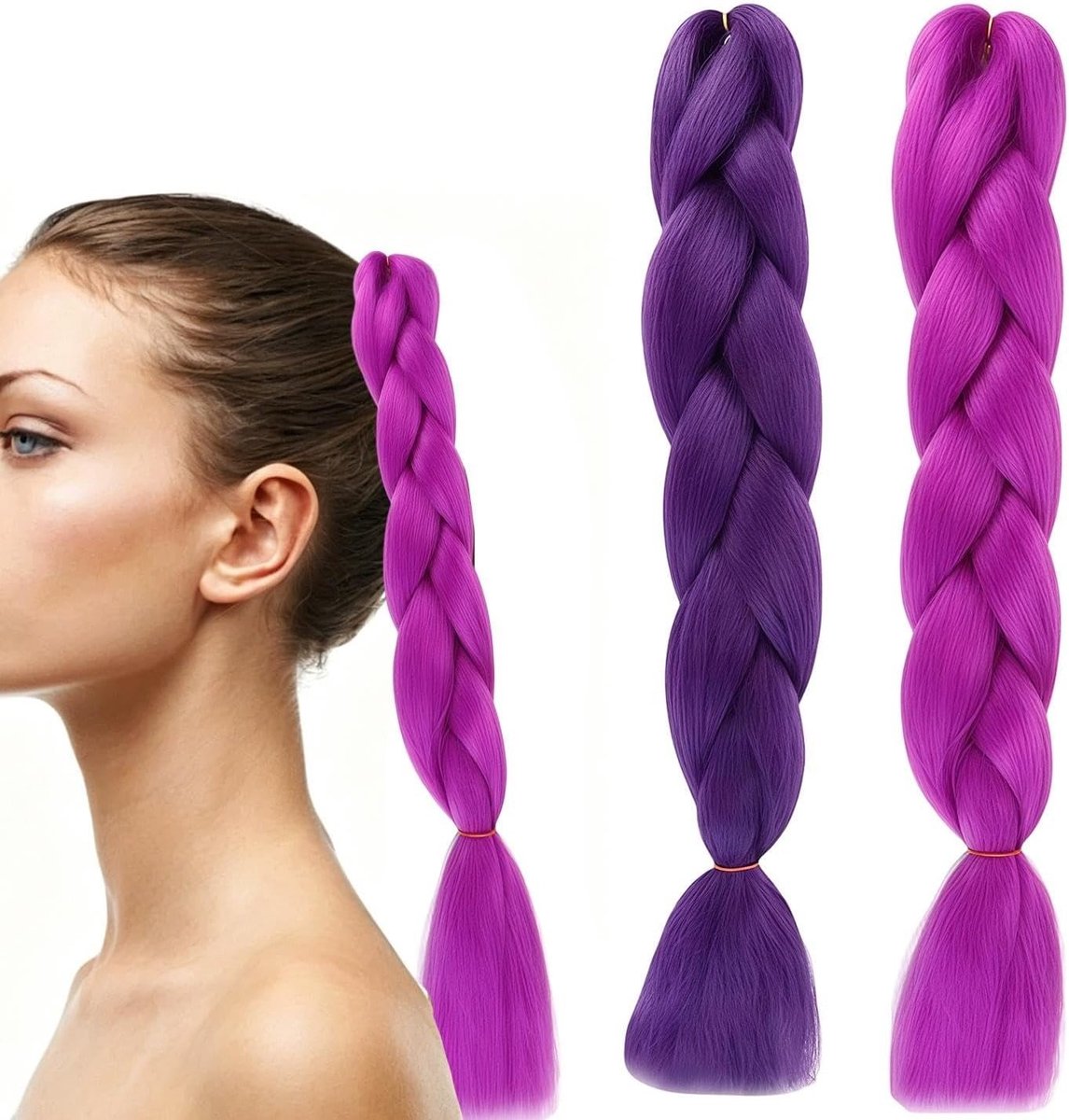 60cm Synthetische Haar Vlecht voor Meisjes - Mode Accessoires voor Rollenspel en Feestmake-up (Paars, Roze)