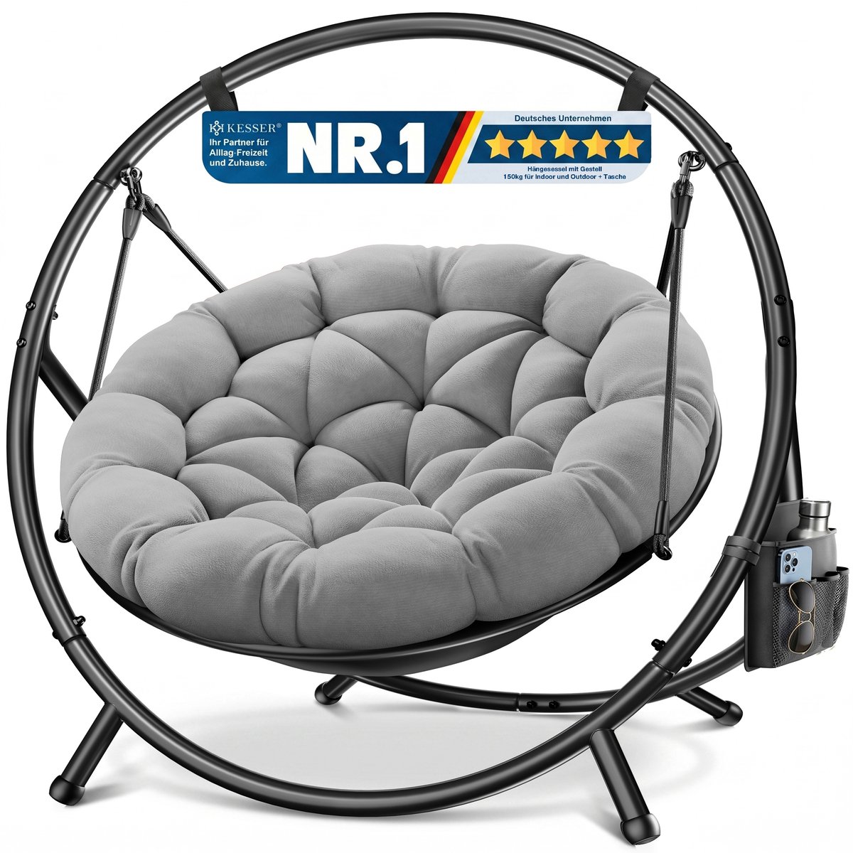 KESSER® Hangstoel BALI - met stalen standaard - tot 150 kg - inclusief kussen en zijvak - Grijs