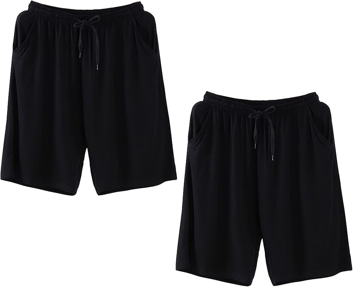 Plus Size 2 Pack Zachte Elastische Pyjama Bottoms Shorts Dunne Lichtgewicht Slaap Lounge Shorts Met Zakken S-6XL, Zwart + Zwart, 6XL