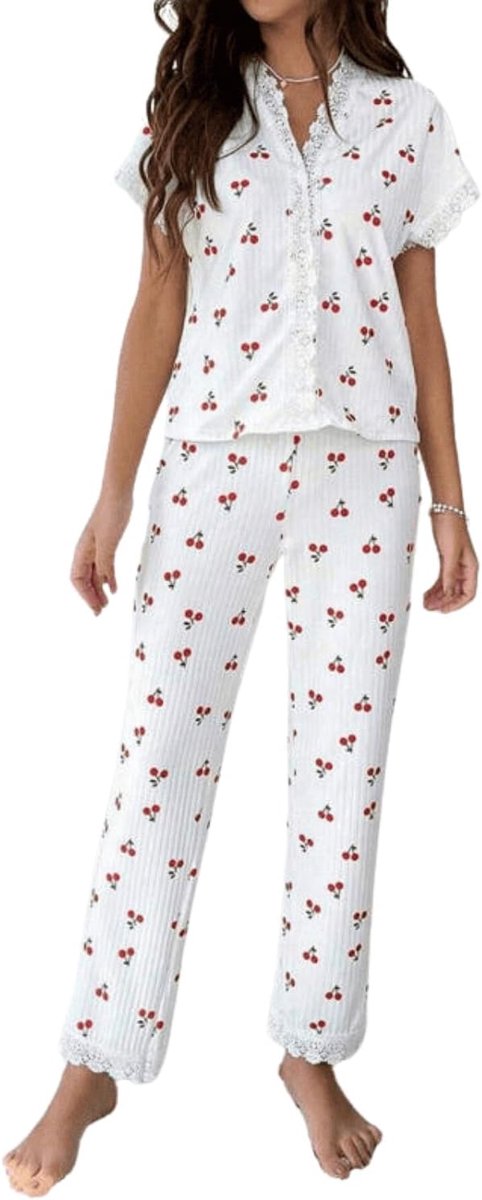 Damespyjama met patroon, pyjamaset, V-hals, elegante loungewear voor vrouwen, casual nachtkleding, bovendeel en lange broek, huiskleding, tweedelig
