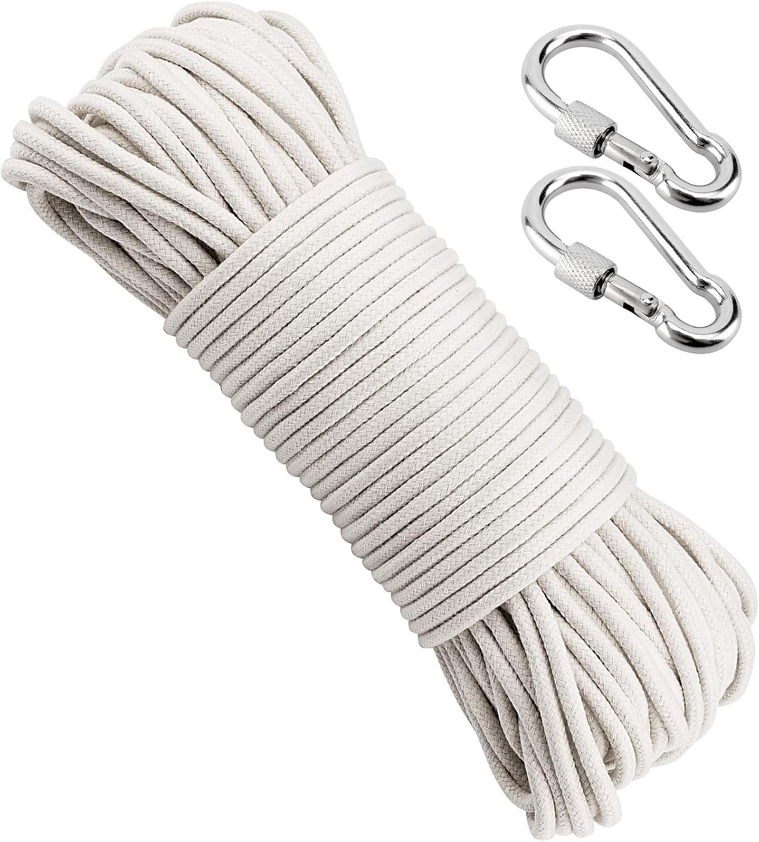 Natuurlijke Katoenen Touw 50 Meter x 6 mm voor Knutselen, Kleding Ophangen, Macramé en Planten Hangen met 2 Haakjes