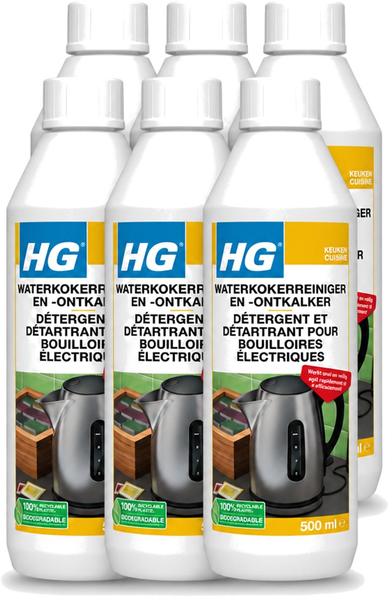 6 x HG - Waterkokerreiniger & Ontkalker - Snel & Veilig Resultaat - 500 ml - Voordeelverpakking - 6 stuks