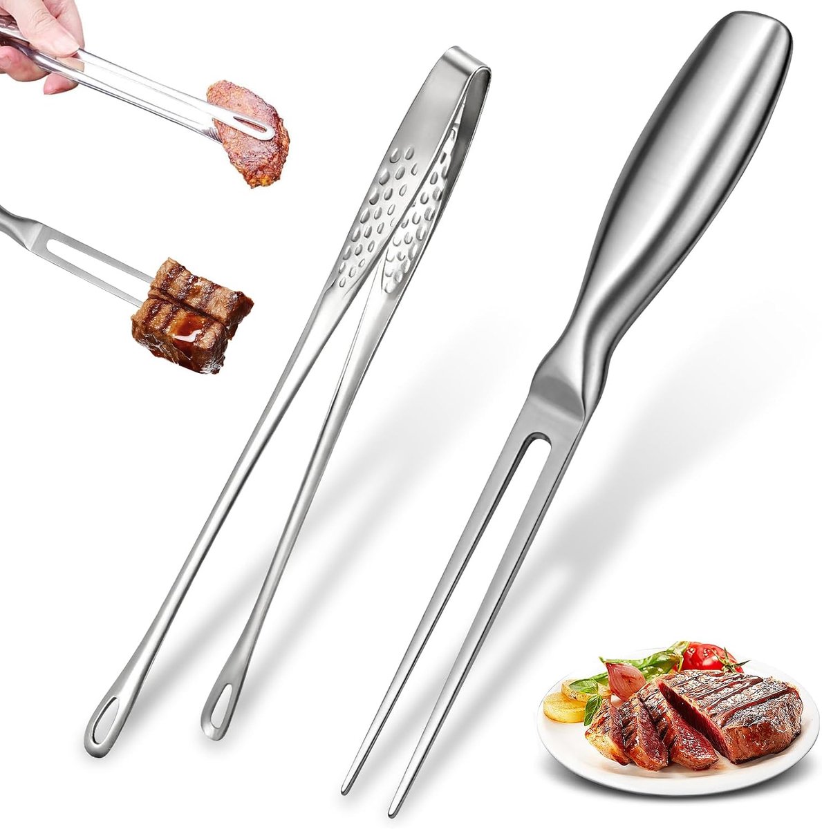 Set van 2 vleesvorken, roestvrij stalen grillvork, vaatwasmachinebestendig roestvrij staal, grilltang voor grill, keuken, kalkoen, braden, diner (zilver)